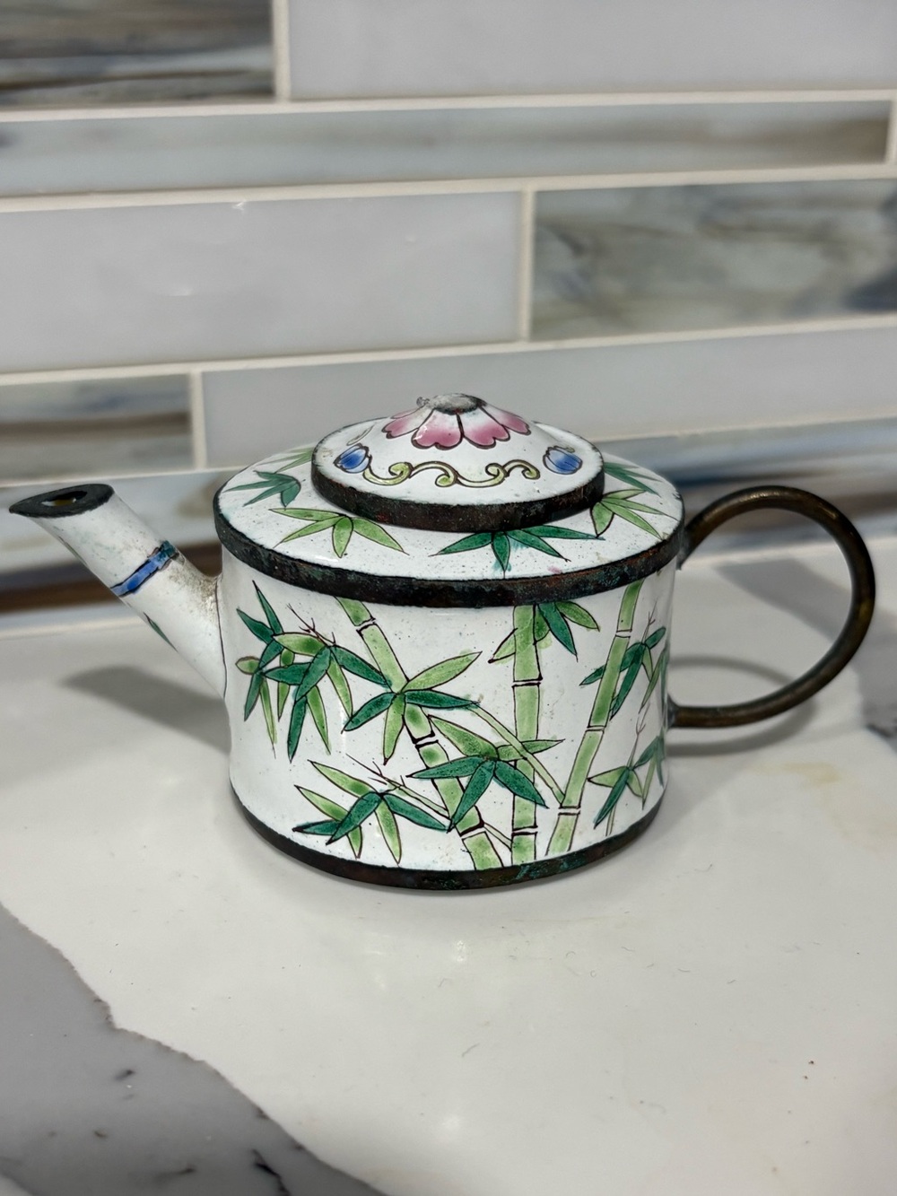 Vintage Hand Painted Bamboo Cloisonné Teapot Otagiri Enesco Trinket Box 1996